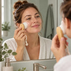 Femme utilisant la brosse visage douce devant le miroir de sa salle de bain