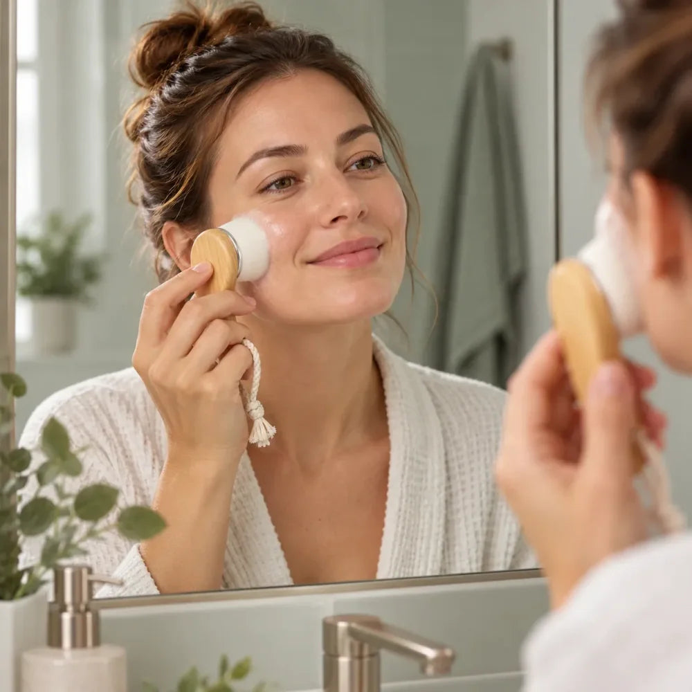 Femme utilisant la brosse visage douce devant le miroir de sa salle de bain
