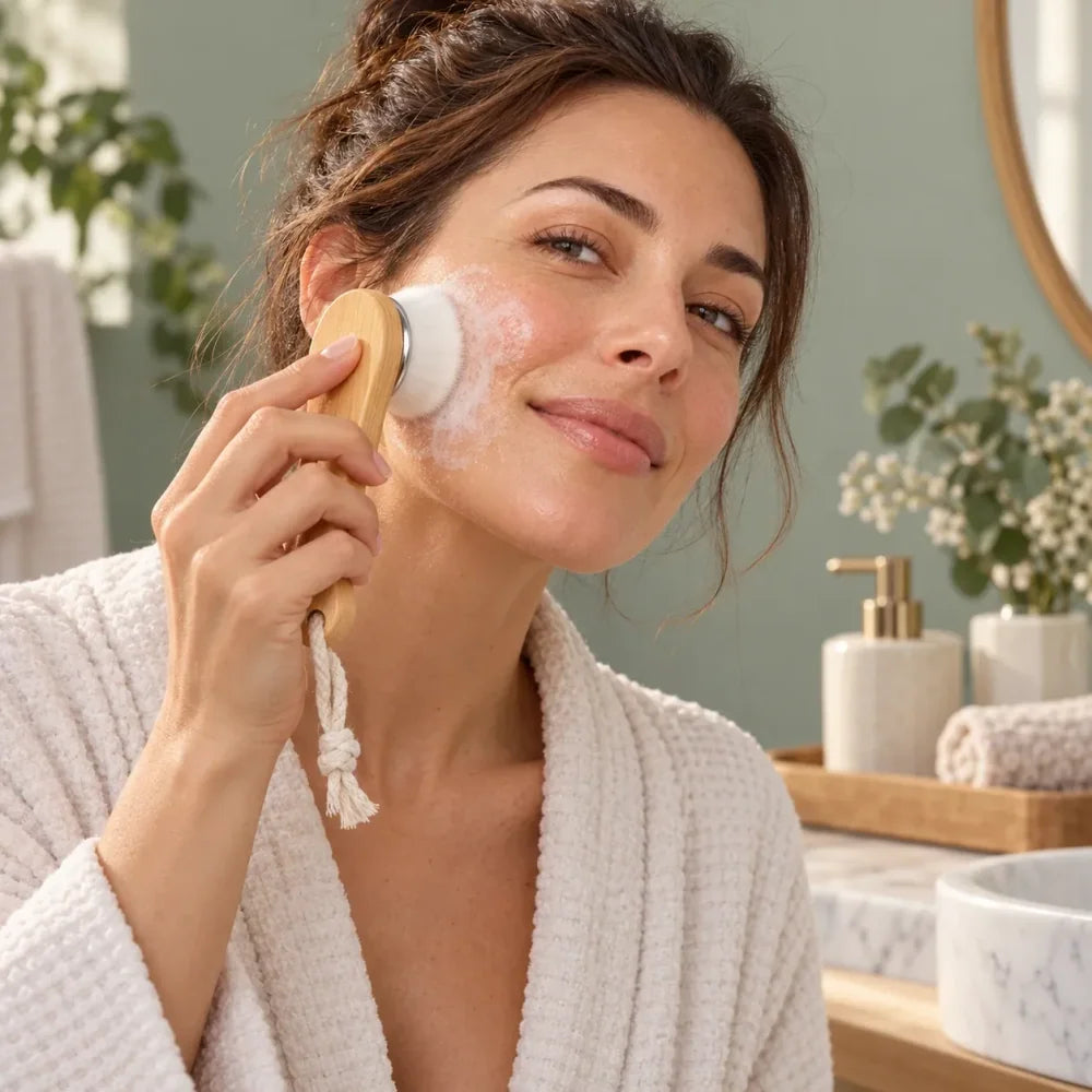 Femme nettoyant sa joue avec la brosse visage douce et de la mousse