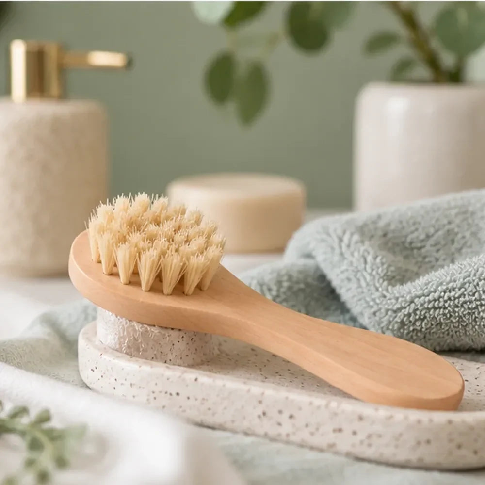 Brosse visage à poils naturels et manche en bois posée sur un plateau avec une serviette