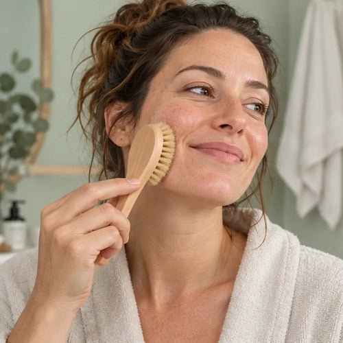 Femme exfoliant sa joue avec la brosse visage à poils naturels