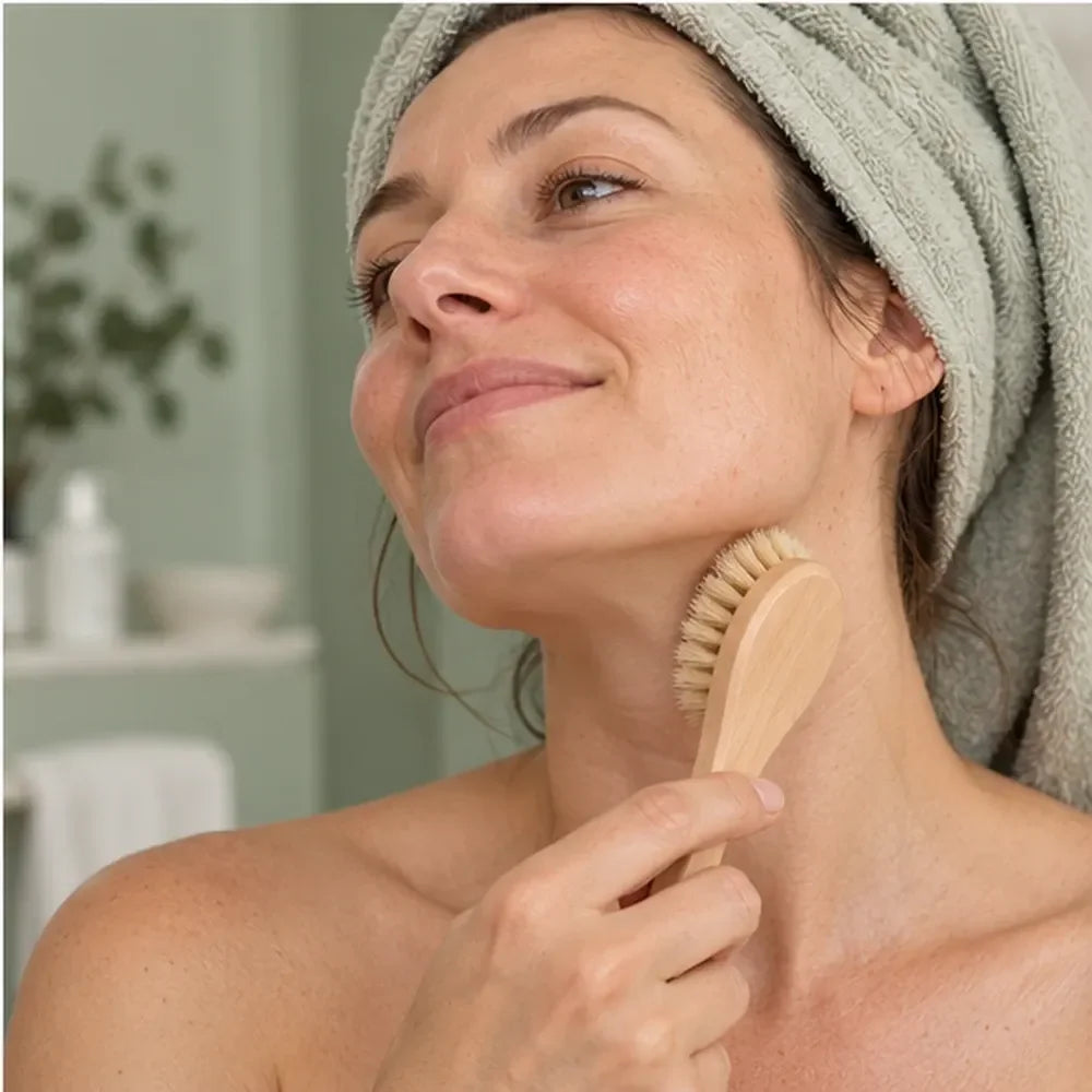 Femme brossant sa mâchoire avec la brosse visage à poils naturels, serviette sur la tête