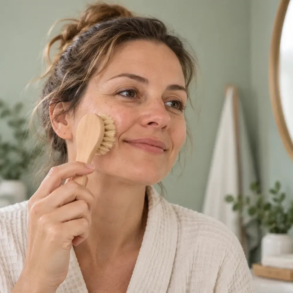 Femme utilisant la brosse visage à poils naturels dans sa salle de bain