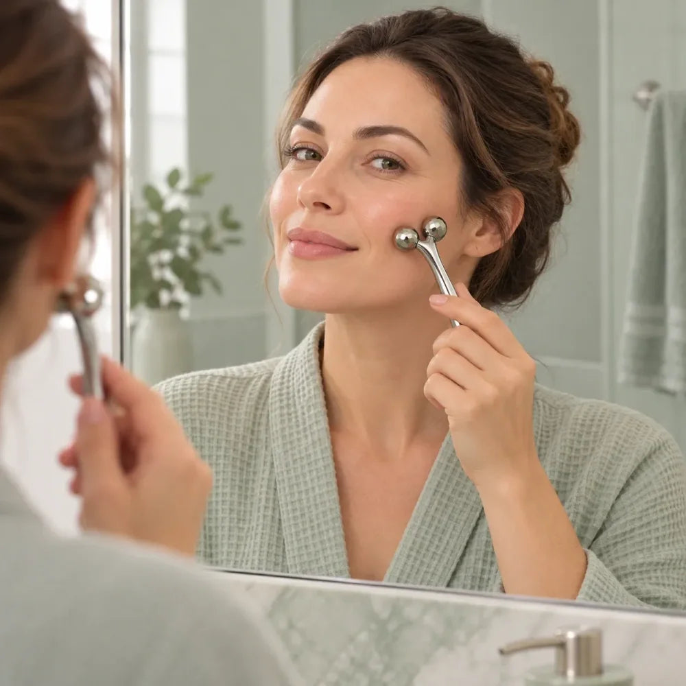 Femme se massant la joue avec le rouleau 3D devant le miroir de sa salle de bain
