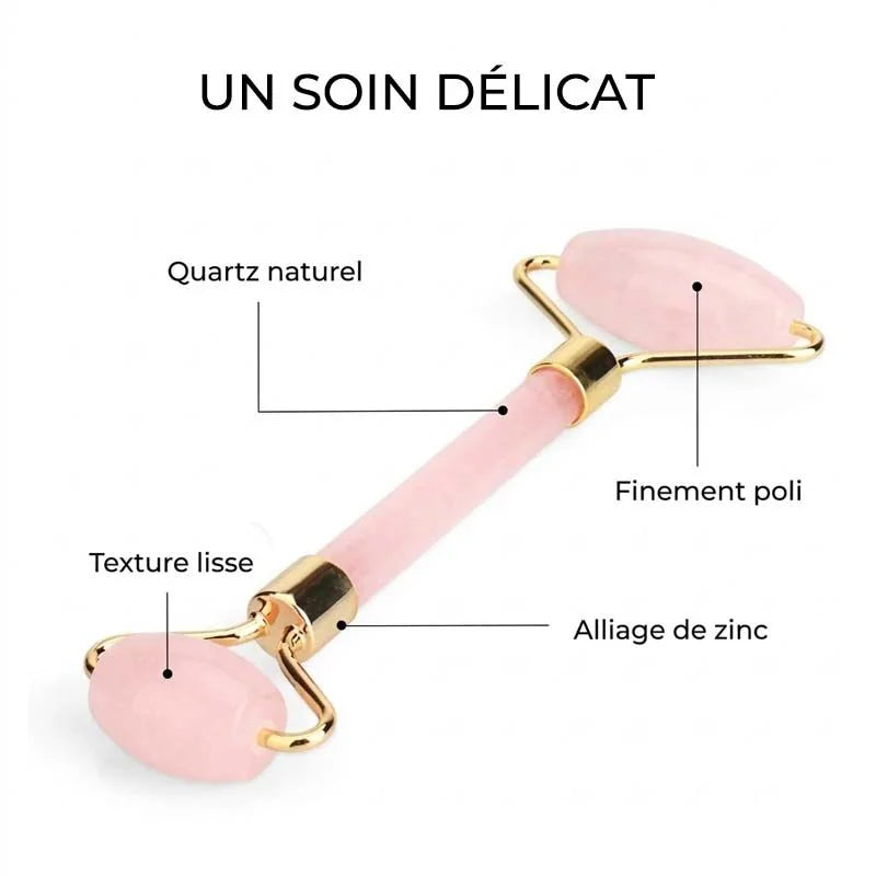 Rouleau de massage en quartz rose : quartz naturel, finement poli, texture lisse, monture en alliage de zinc