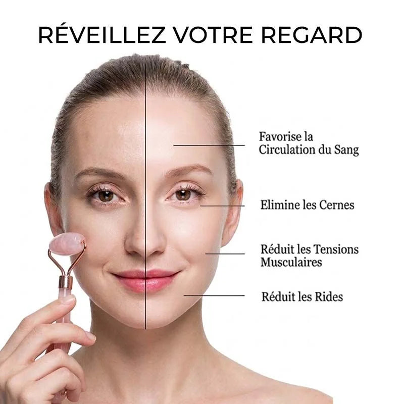 Rouleau de massage en quartz rose sur le visage : favorise la circulation, réduit les tensions musculaires